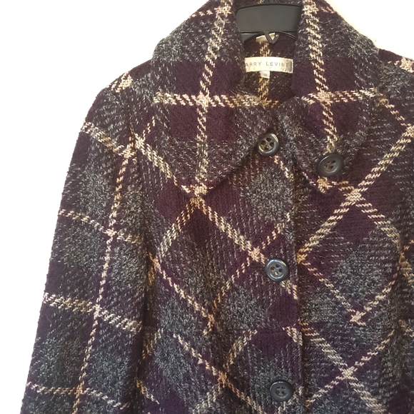 Larry Levine Grey and Maroon Wool Check Pea coat - Picture 6 of 8